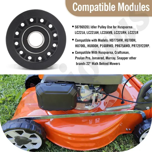 Miniatura 8 de 587973001 587969201 Conjunto de polea tensora compatible con cortacésped Husqvarna Craftsman Walk-Behind, para cortacésped cubiertas polea loca