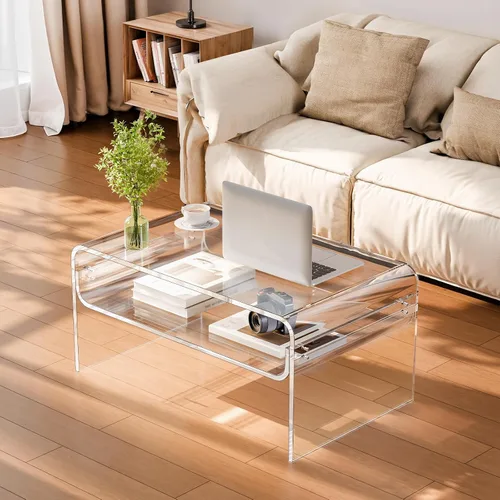 Miniatura 2 de VEVOR Mesa de centro acrílica, moderna mesa central de cascada con estante de almacenamiento abierto, escritorio rectangular transparente Lucite