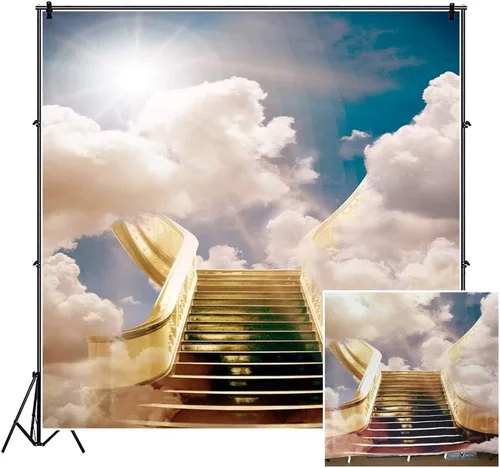 Miniatura 3 de Telón de fondo de poliéster de 5 x 5 pies en memoria amorosa, decoración temática del cielo enviado, escaleras al paraíso, luz del sol, eventos