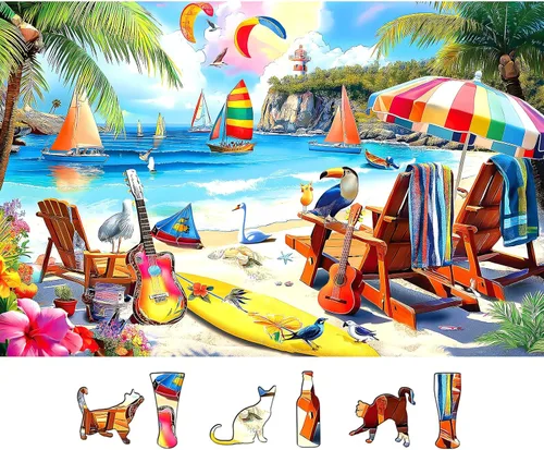 Rompecabezas de 500 piezas para adultos, vibrante escena tropical de playa con palmeras, rompecabezas para adultos, silla de playa, veleros,