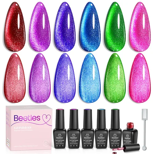 Miniatura 34 de Beetles - Juego de esmalte de uñas de gel de 6 colores, ojo de gato plateado, gel transparente rojo, rosa, amarillo, verde, negro, con efecto