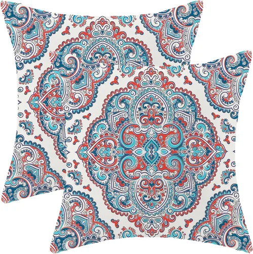 Miniatura 31 de Juego de 2 fundas de almohada bohemias de 20 x 20 pulgadas, fundas de cojín con patrón de alfombra, color amarillo mostaza y azul, diseño étnico