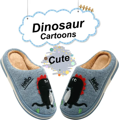 Miniatura 5 de INMINPIN - Pantuflas acogedoras para niños y niñas con diseño de dinosaurio, de algodón de felpa, cálidas para invierno, antideslizantes, para casa