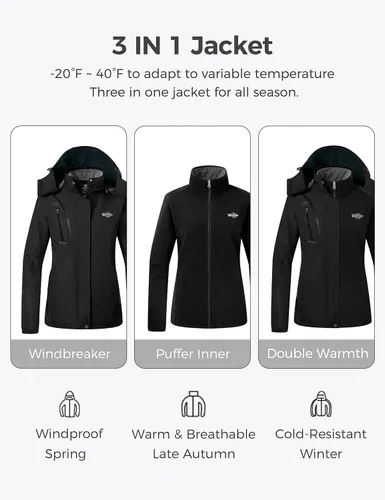 Miniatura 3 de Wantdo Chaqueta de esquí 3 en 1 para mujer, impermeable, con aislamiento, forro polar