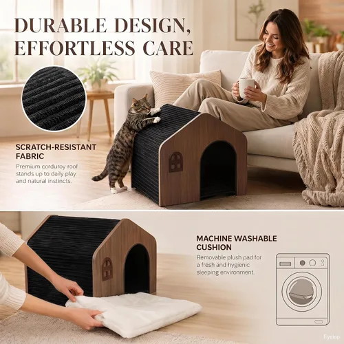 Miniatura 4 de Moderna casa de madera para gatos para interiores, cama tipo cueva cerrada de grado E0 con cojín lavable, muebles ecológicos no tóxicos
