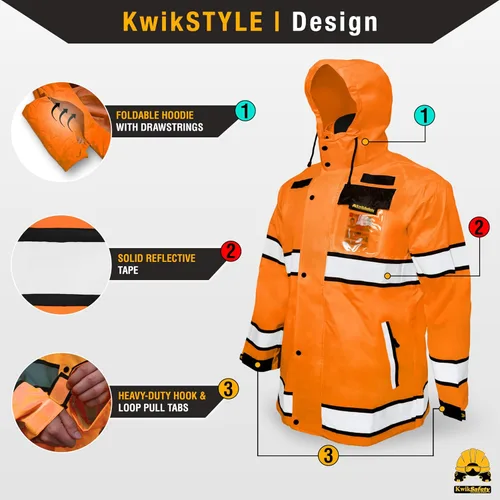 Miniatura 3 de KwikSafety - Charlotte, NC - Chaqueta de lluvia TORRENT y gabardina ANSI OSHA clase 3 de alta visibilidad, equipo de lluvia Hi Vis