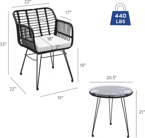 Miniatura 2 de KROFEM - Juego de muebles de ratán para patio de 3 piezas estilo bistró, incluye 2 sillas de ratán y mesa con tapa de vidrio, ideal para porche