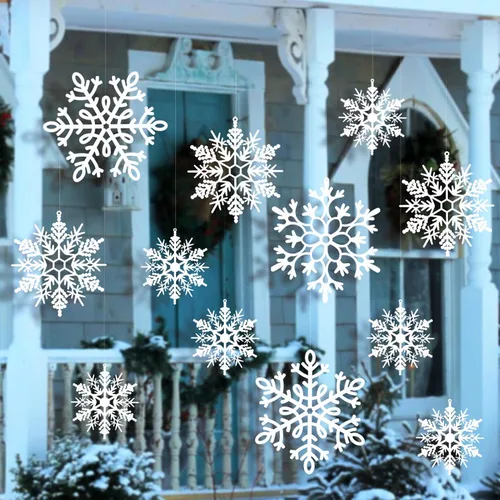 24 piezas de copos de nieve colgantes de Navidad grandes para exteriores, copos de nieve grandes blancos en diferentes tamaños para decoración de