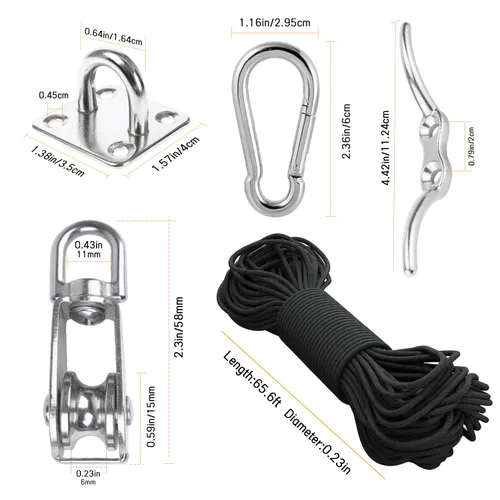 Miniatura 2 de LAIWOO M15 Kit de Sistema de Poleas de Acero Inoxidable - Rueda de Polea de Servicio Pesado, Bloque de Polea con Cuerda de Nylon, Ganchos, Placa