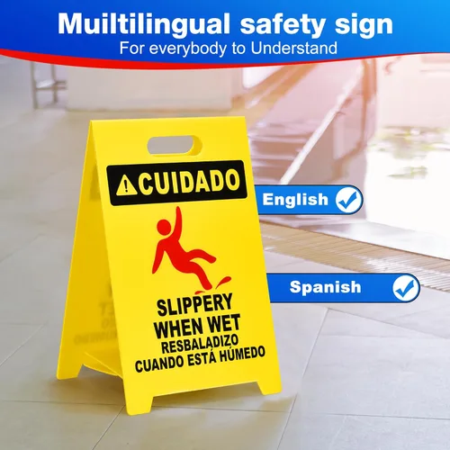 Miniatura 5 de MATTHEW CLEANING - Señales industriales de 19 pulgadas para suelo mojado, paquete de 3 letreros de advertencia multilingües de plástico corrugado