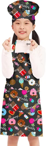 Miniatura 20 de BIGHAS Juego de delantal de chef para niños y niñas, correa ajustable para el cuello, cierre de gancho y bucle, diseño de cintura para hornear Blanco