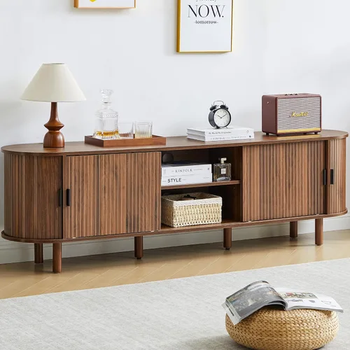 Miniatura 12 de FurSch Soporte de TV con puerta de tambor de 62 pulgadas, mueble de TV moderno de madera de mediados de siglo para TV de hasta 75 pulgadas, soporte