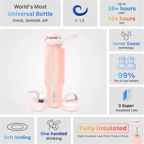 Miniatura 4 de Botella de agua deportiva más fría - Tapas 3 en 1 (Trago, Pajita, Asa) - Vaso aislado de acero inoxidable con asa - Taza de agua al vacío, regalos