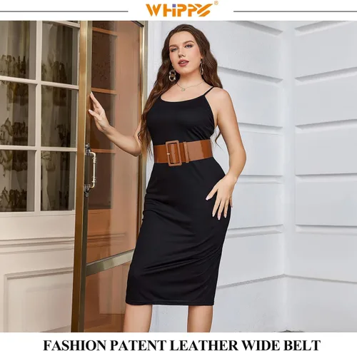 Miniatura 3 de WHIPPY Cinturón ancho de charol para mujer, hebilla cuadrada de moda, cintura alta, cinturones para vestidos