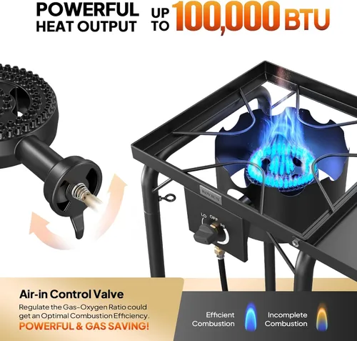 Miniatura 3 de Estufa de gas de una sola hornilla ROVSUN con estante lateral, estufa portátil de propano de 100,000 BTU con pata extraíble y regulador