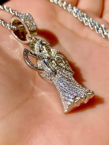 Miniatura 6 de Shop-iGold Iced Santa Muerte Hombres Mujeres 925 Italia Colgante de plata helada Ice Out de acero inoxidable real 0.118in cuerda cadena, Mans