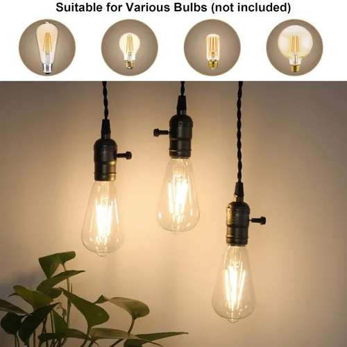 Miniatura 5 de Kit de luz colgante vintage con interruptor de atenuación y triple E26/E27 soporte de lámpara de enchufe de luz industrial de 25 pies de tela negra