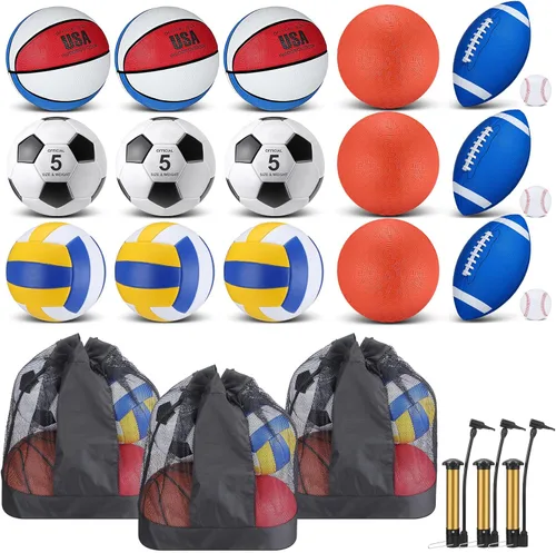 Miniatura 9 de Leyndo Juego de 18 Pelotas Deportivas a Granel Baloncesto Fútbol Americano Voleibol Fútbol Soccer Parque Infantil Béisbol con Bolsa de Equipo Negro