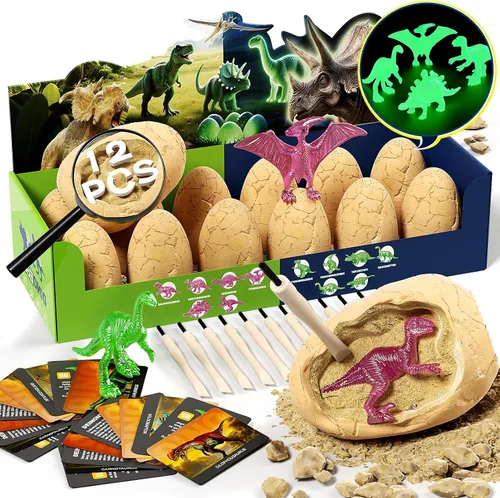 Miniatura 10 de Uregoio Kit de Excavación de 12 Huevos de Dinosaurio Juguetes para Niños, Kit de Excavación Sorpresa de Huevos de Dinosaurio con Lupa, Regalos