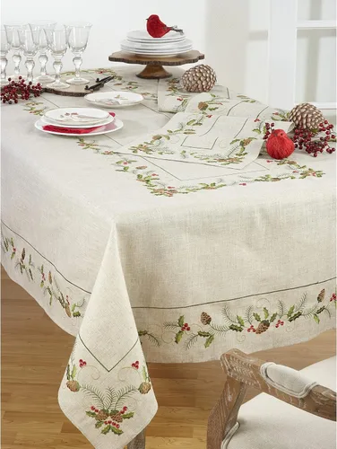 Miniatura 3 de SARO LIFESTYLE 1851.N16120B Joyeuses Fêtes Collection Camino de mesa bordado de piña y acebo, 16 x 120 pulgadas, natural