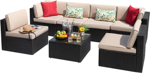 Miniatura 9 de Devoko Juego de 7 muebles seccionales para exteriores para sofá de patio, tejido manual, mimbre de mimbre, juegos de conversación para patio