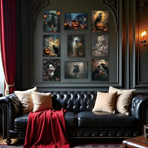 Miniatura 8 de ARKZSHO Juego de 9 impresiones en lienzo para pared de Halloween, pintura oscura de academia, pintura estética gótica espeluznante para galería