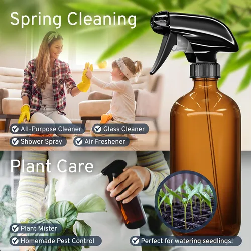 Miniatura 2 de LiBa Paquete de 2 botellas de vidrio ámbar, botella de spray vacía recargable de 16 onzas para limpieza, aceites esenciales, cabello, plantas