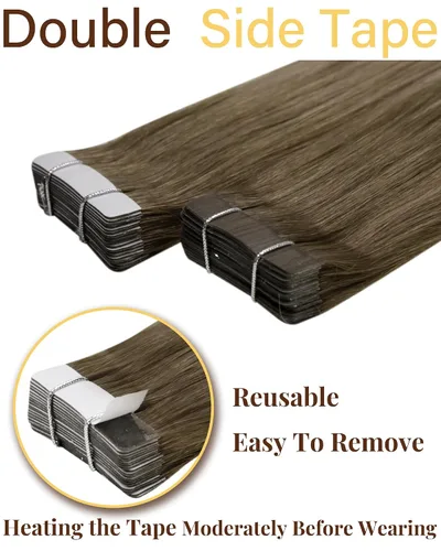 Miniatura 2 de 【Descuento】Hetto - Extensiones de cabello con cinta adhesiva, 40g, extensiones de cabello humano, color rubio ceniza oscuro degradado a rubio medio