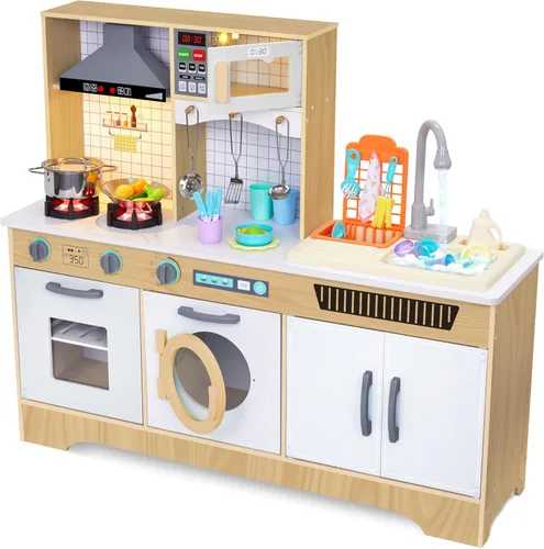 Miniatura 11 de Lil' Jumbl Cocina de madera para niños con fregadero de agua corriente real, juego de cocina interactivo con microondas, estufa, luces y sonidos Rosa