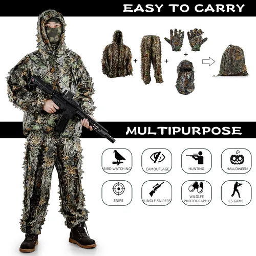 Miniatura 5 de Zicac Outdoor – Traje de camuflaje Ghillie 3D con hojas para caza al aire libre – Ropa de camuflaje para la jungla y bosque