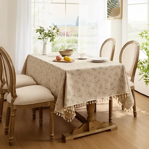 Miniatura 7 de Softalker Mantel rectangular bohemio de lino y algodón con borlas, mantel resistente con flores, mantel decorativo floral para cocina y comedor