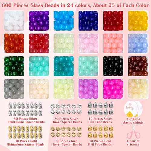 Miniatura 3 de shynek Kit de fabricación de pulseras de 753 cuentas de vidrio, cuentas de vidrio de 24 colores para hacer joyas con cuentas espaciadoras, cuentas
