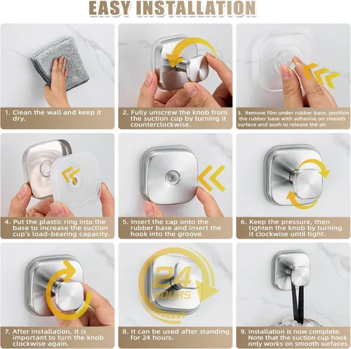 Miniatura 6 de Ganchos de ventosa para ducha - Ganchos reutilizables para baño para toallas, batas y lofa - Montaje sin taladro en cocina, paredes, metal, vidrio