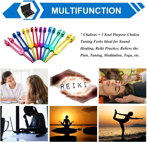 Miniatura 6 de Juego de diapasones Chakra para curación, 7 chakras + 1 diapasón con peso de propósito de alma con exquisita caja de regalo de aluminio, multicolor