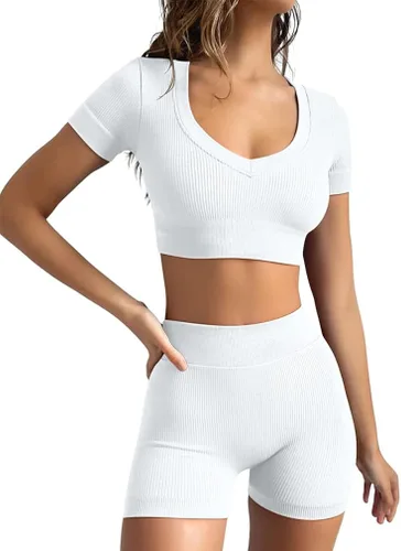 GXIN Conjunto de 2 piezas de entrenamiento para mujer, sin costuras, acanaladas, de manga corta, de cintura alta, pantalones cortos para correr,