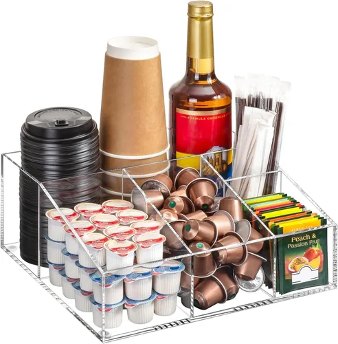 BEYGORM Organizador de estación de café acrílico para mostrador, accesorios transparentes de almacenamiento de aperitivos y té para cápsulas Kcup,