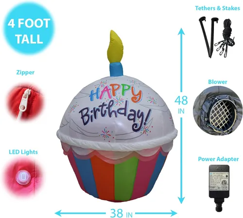 Miniatura 2 de Bonito cupcake inflable de 4 pies de alto con vela iluminada, decoración de fiesta para exteriores, interiores, hogar, celebración, jardín, patio