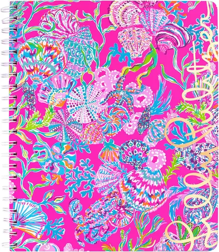 Lilly Pulitzer Cuaderno grande de espiral de tapa dura rosa, 11 x 9.5 pulgadas con 160 páginas con rayas universitarias, Shell Me Something Good