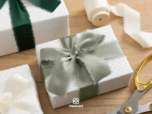 Miniatura 4 de Vitalizart Cinta de satén de seda verde y blanca de 1 pulgada x 15 yardas, carrete de madera hecha a mano, cinta deshilachada para envolver regalos