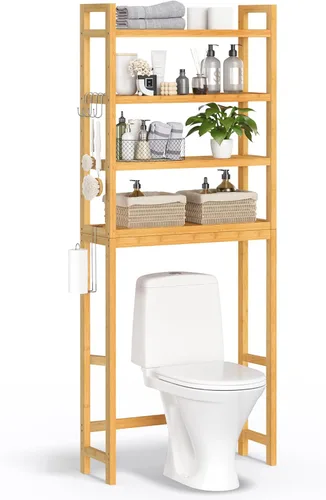 Miniatura 9 de SONGMICS Almacenamiento sobre el inodoro, organizador de baño de 3 niveles sobre el inodoro con estantes ajustables, ganchos, bambú, estantes