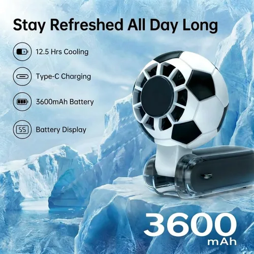 Miniatura 2 de QQT Ventilador turbo portátil de mano con refrigeración por hielo, batería de 5 velocidades recargable plegable, luces LED de 4 modos, hasta 12 Negro