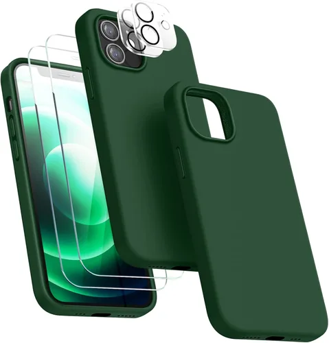 Funda 5 en 1 para iPhone 12 Pro con protector de pantalla y protector de lente de cámara, funda de silicona líquida para iPhone 12 Pro (verde alpino)