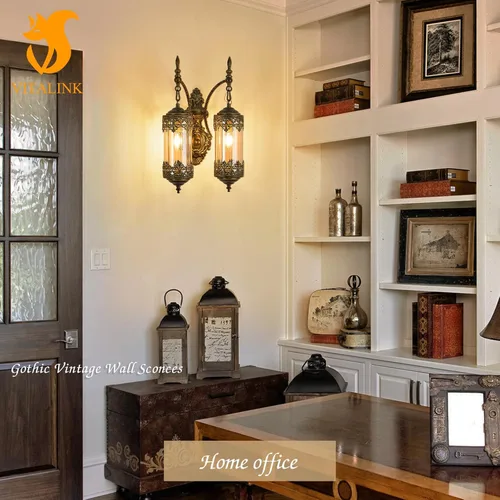 Miniatura 5 de VitaLink Aplique de pared rústico de cristal vintage con 2 luces y estilo gótico antiguo, lámpara de pared retro de mediados de centro, lámpara