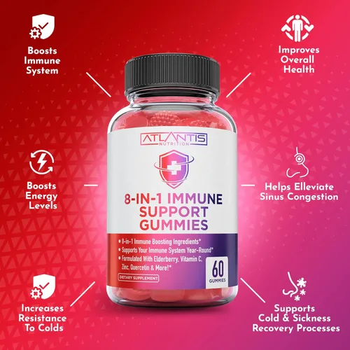 Miniatura 4 de Atlantis Nutrition Gomitas de apoyo inmunológico 8 en 1 con saúco Suplemento inmunológico con saúco, quercetina, zinc, vitamina C - Potenciadores