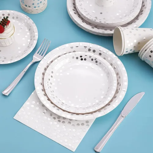 Miniatura 6 de Platos de papel plateado y servilletas para fiestas, platos blancos y plateados para 24, 168 piezas de decoraciones de fiesta plateadas para boda