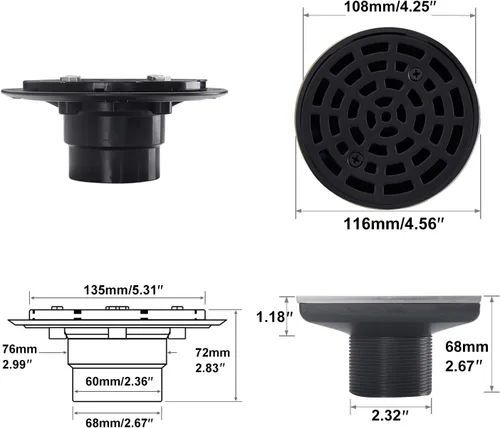 Miniatura 4 de Desagüe de ducha redondo de 4 1/4 pulgadas, color negro, tornillos de rejilla extraíbles en tapa de drenaje, base con kit de brida de drenaje Negro