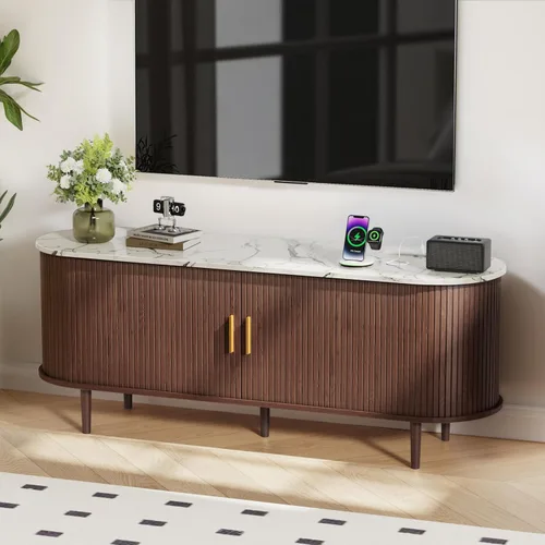 Miniatura 23 de DHH Soporte de TV moderno de mediados de siglo de 55 pulgadas con toma de corriente para televisores de hasta 60 pulgadas, centro de entretenimiento