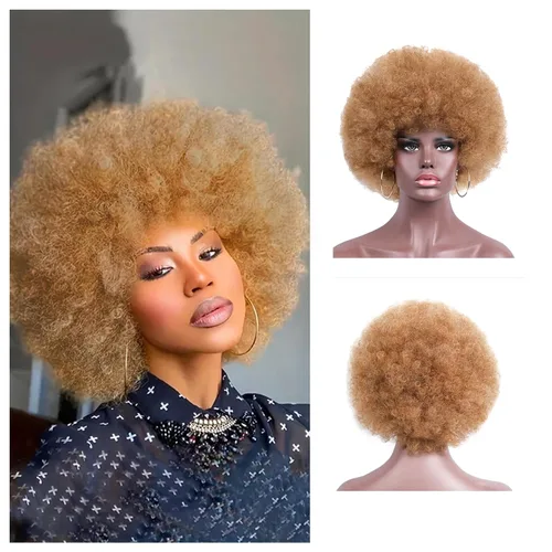 Peluca rizada de los años 70 para mujeres negras, peluca afro afro afro de aspecto natural grande y flexible, 8 pulgadas (pendiente de aro Marrón