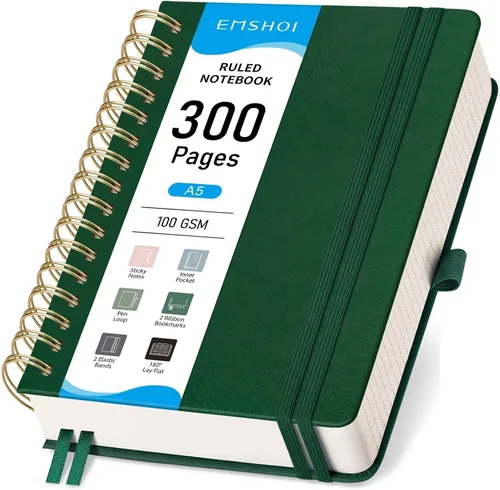 Miniatura 34 de EMSHOI Cuaderno de Espiral con Puntos para Bullet Journal - 300 Páginas, Cuero de Tapa Dura A4, Cuaderno de Cuadrícula de Puntos Gruesos de 100 GSM