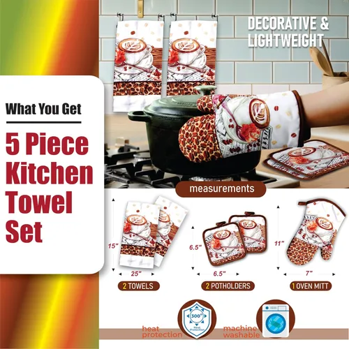 Miniatura 2 de Juego de toallas de cocina Café Latte de 5 piezas – Guante acolchado para horno y 2 agarraderas, perfecto para los amantes del café